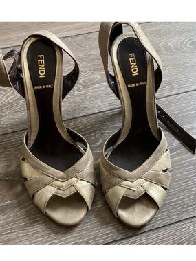 Fendi Metallic Gold Peep-Toe Ankle Strap Heels
